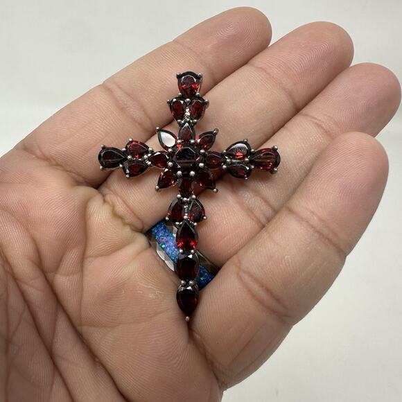 Sterling Silver 925 Red Garnet Cross Pendant - Picture 4 of 4